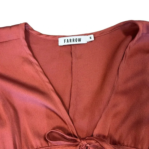 Farrow Mauve Brick Red Ruched Tie Front Boho Peasant Blouse 3/4 Sleeve Satin Top - Picture 6 of 11